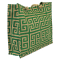 15-  GREEN & TAN GREEK KEY JUTE BAG